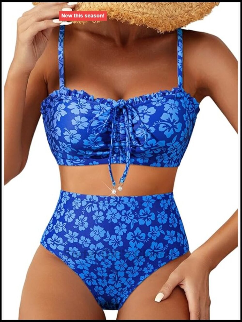 Lace Up Front High Waisted Bikini Set Ruched Ruffle Trim Bathing Suit 2 Piece